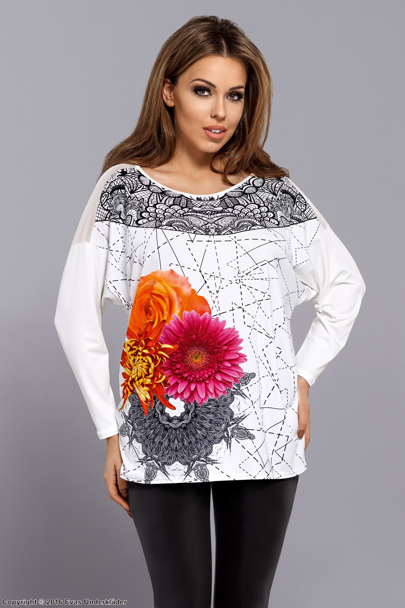 Long sleeve top, high quality viscose, mesh inlay, colorful flowers
